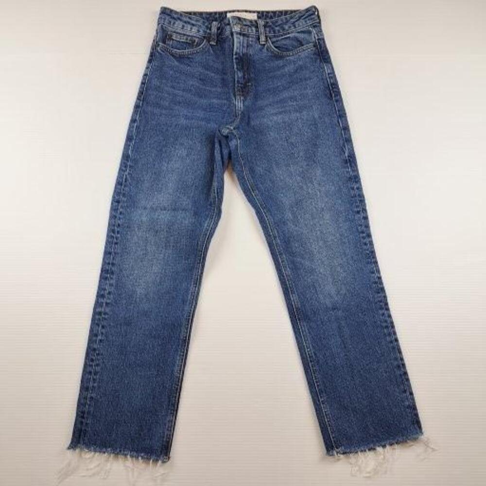 Topshop Straight Jeans Womens 26 Blue High Rise Cropped Raw Frayed Hem